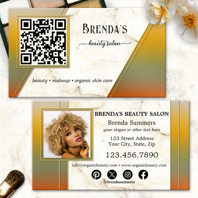 Cartão De Visita QR Code Beauty Salon Social Media Photo (Modern artistic business card featuring marble on a colorful background - QR code - photo - social)