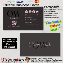 Cartão De Visita QR Code Black Pink Elegant Initial Social Media