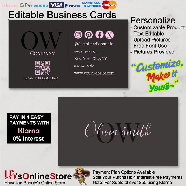 Cartão De Visita QR Code Black Pink Elegant Initial Social Media (QR Code Black Pink Elegant Initial Social Media Business Card.)