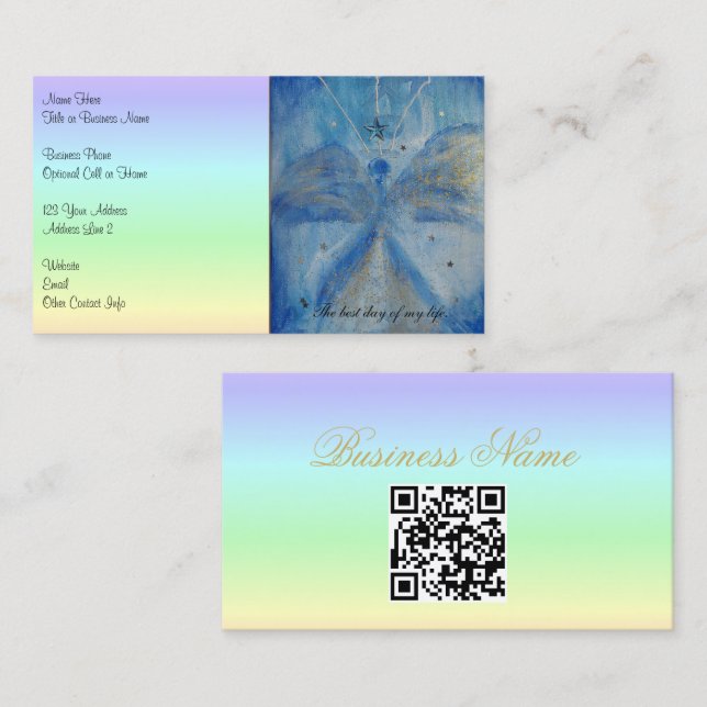 Cartão De Visita QR-Code-Blue Angel on a pastel rainbow background (Frente/Verso)