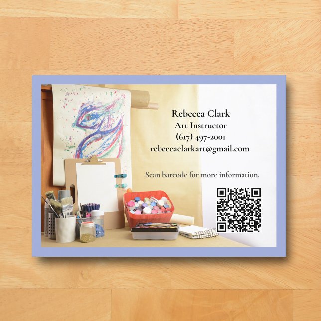 Cartão De Visita QR Code Blue Art Teacher Tutor Art Class  (Blue Art Classroom Business Card for Teacher )