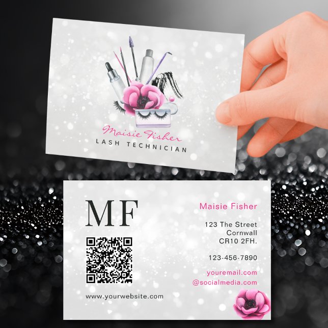 Cartão De Visita QR Code Bokeh Lash Technician, Eyelashes QR Code (Criador carregado)