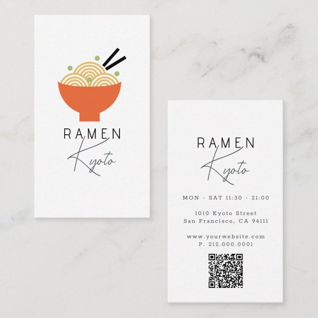Cartão de Visita QR Code Branco Restaurante Ramen (Frente/Verso)