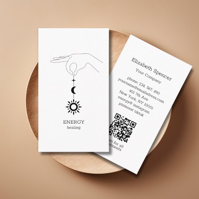Cartão de Visita QR-Code Branco Sol Lua (White Hand Sun Moon Illustration QR Code Business Card. Modern Whimsical. )