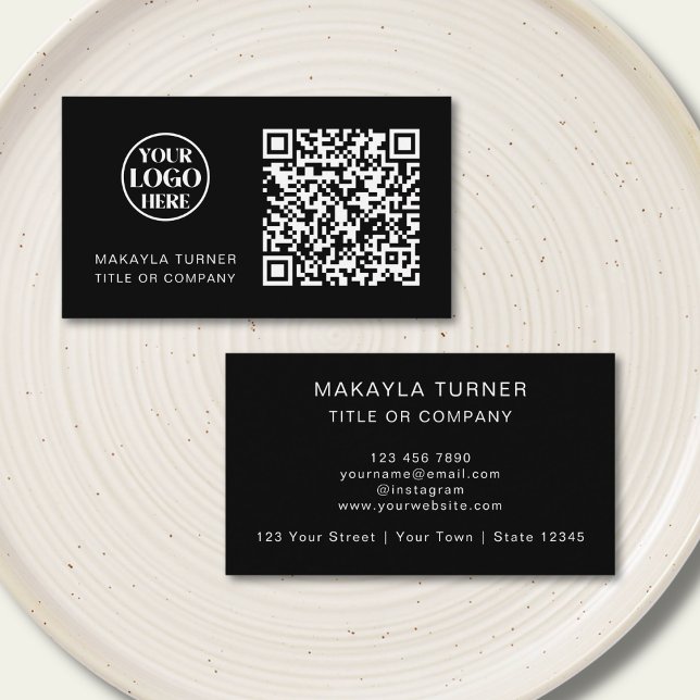 Cartão De Visita QR Code Business Logo Black Professional Modern (Criador carregado)