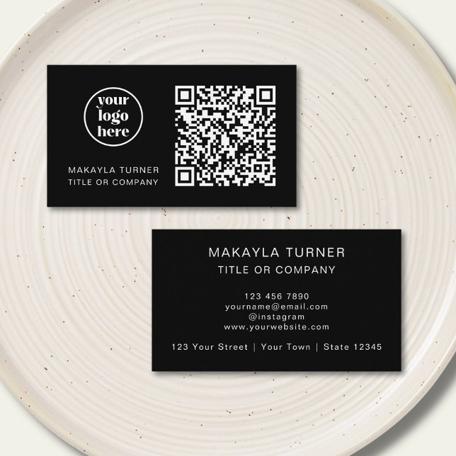 Cartão De Visita QR Code Business Logo Modern Professional Black (Criador carregado)