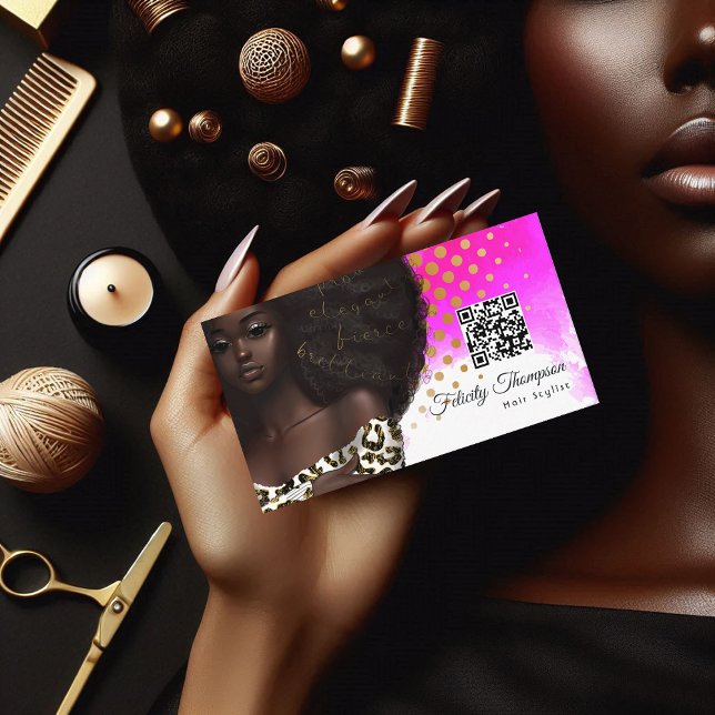 Cartão de Visita QR Code Cabeleireiro Afro-America (African American Hairdresser QR Code Business Card)