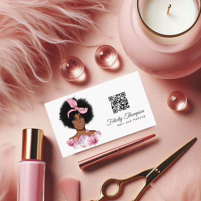 Cartão de Visita QR Code Cabeleireiro Afro-America (African American Hairdresser QR Code Business Card)