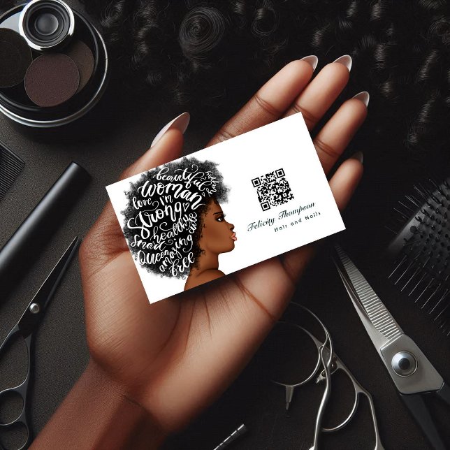 Cartão de Visita QR Code Cabeleireiro Afro-America (Hair Stylist Business Card)