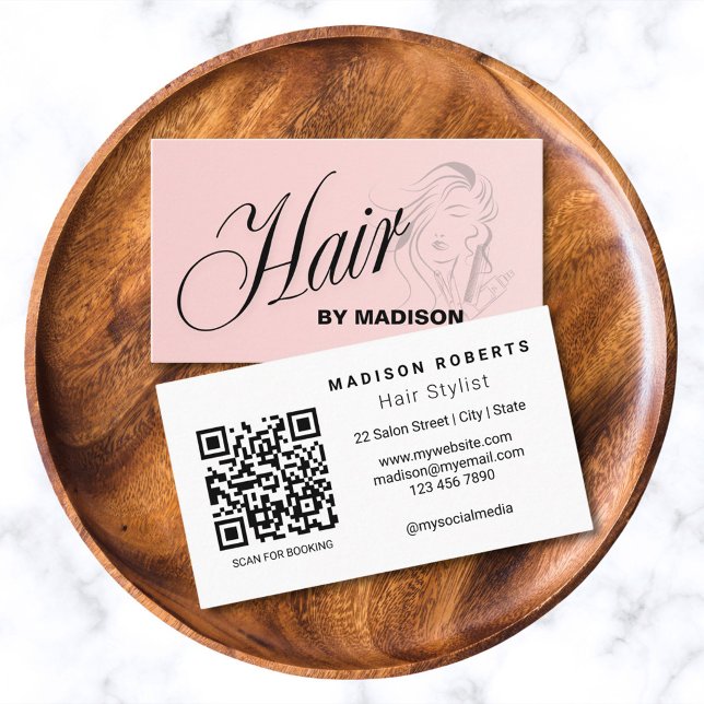 Cartão de Visita QR Code Cabelereiro Rosa Bege (Criador carregado)