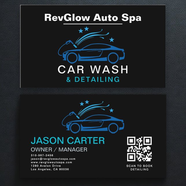Cartão De Visita QR Code Car Wash & Detailing Blue Luxury Style (Criador carregado)