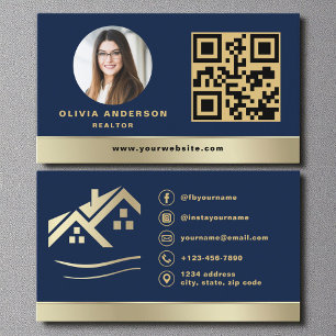 Cartão de Visita QR Code Casa Dourada Azul Marinho
