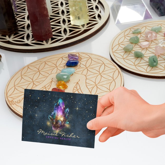 Cartão De Visita QR Code Crystal Healer Reiki Celestial Stars (Criador carregado)