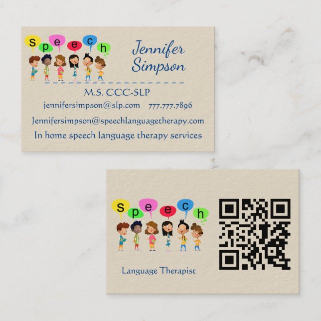 Cartão De Visita QR Code Cute Kids Cartoon Holding Speech Words (Frente/Verso)