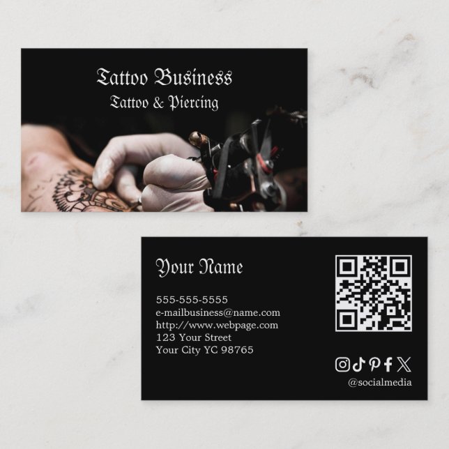 Cartão de visita QR code de salão de tatuagem (Frente/Verso)