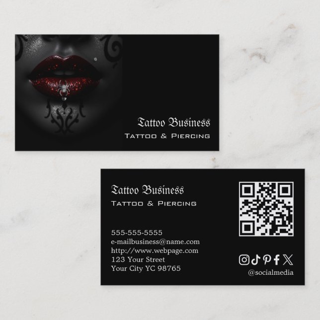 Cartão de visita QR code de salão de tatuagem (Frente/Verso)