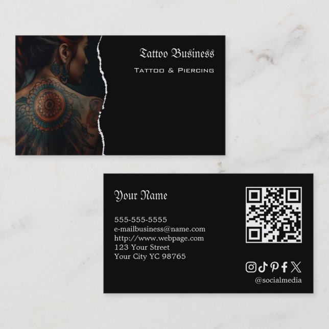 Cartão de visita QR code de salão de tatuagem (Frente/Verso)