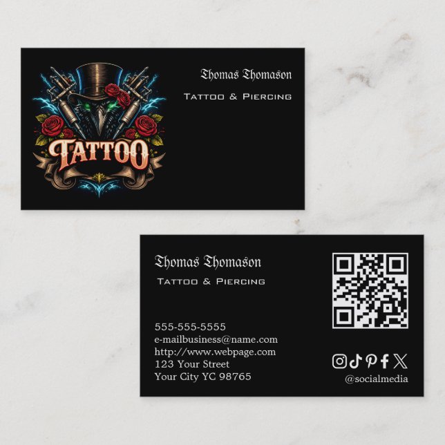 Cartão De Visita QR code de tatuador  (Frente/Verso)