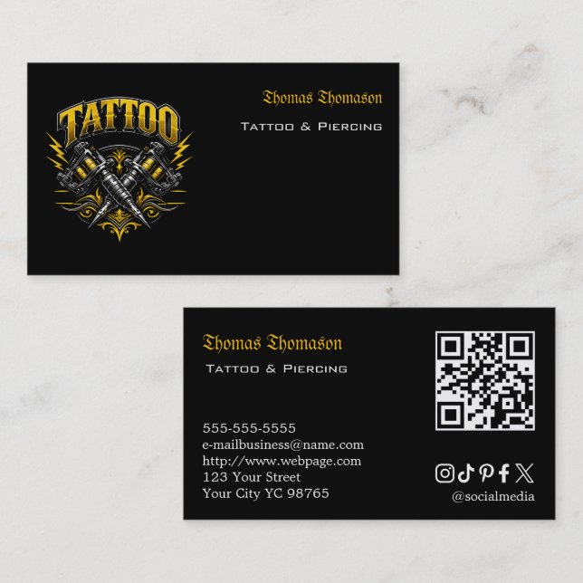 Cartão De Visita QR code de tatuador  (Frente/Verso)