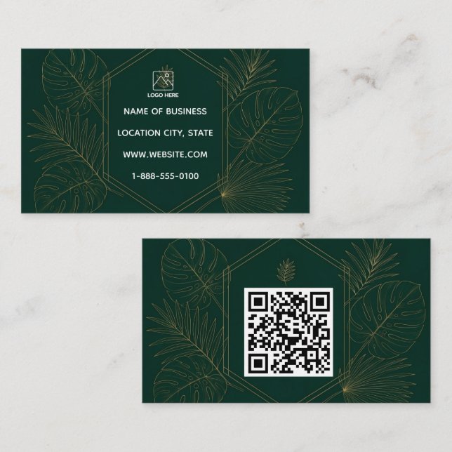 Cartão de Visita QR Code Emerald Gold Tropical (Frente/Verso)