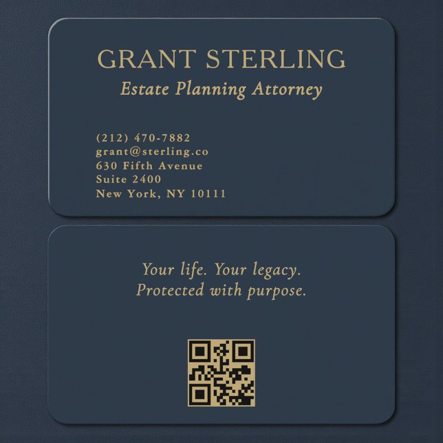 Cartão De Visita QR Code Estate Planning Attorney Navy Blue Gold  (Criador carregado)