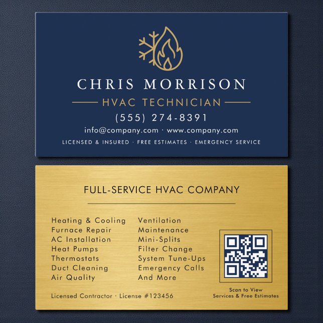 Cartão De Visita QR Code HVAC Technician Navy Blue Gold (Criador carregado)