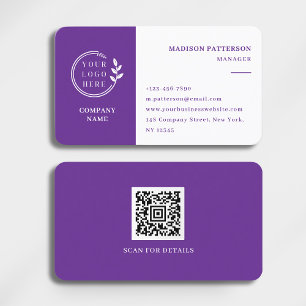 Cartão de Visita QR Code Logotipo Branco Roxo Mini
