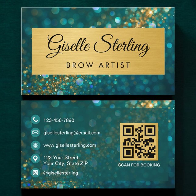Cartão De Visita QR Code Luxury Brow Artist Gold Teal Glitter  (Criador carregado)