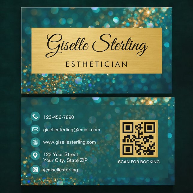 Cartão De Visita QR Code Luxury Esthetician Gold Teal Glitter  (Criador carregado)
