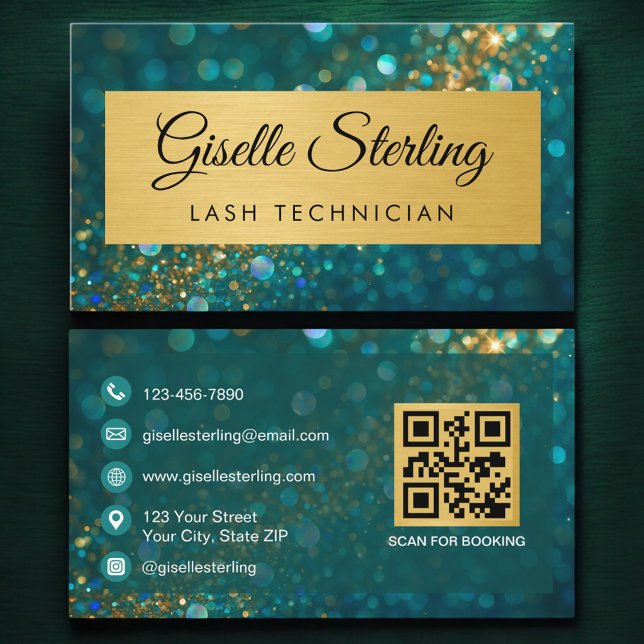 Cartão De Visita QR Code Luxury Lash Technician Gold Teal Glitter  (Criador carregado)