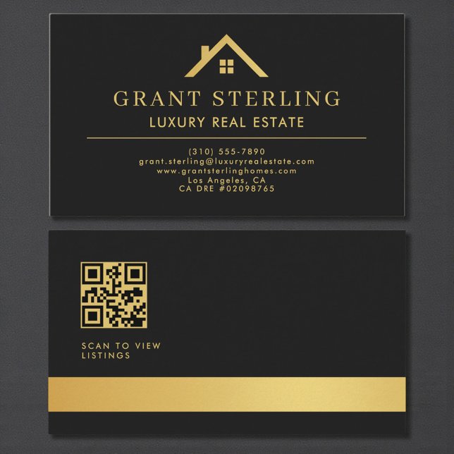 Cartão De Visita QR Code Luxury Real Estate Agent Black Gold (Criador carregado)