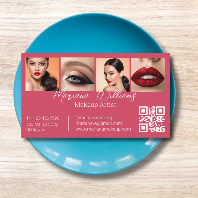 Cartão De Visita qr code makeup artist 4 fotos colagem vermelha (Criador carregado)