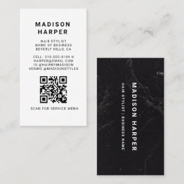 Cartão de Visita QR Code Mármore Preto e Branco Mo