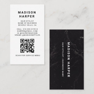 Cartão de Visita QR Code Mármore Preto e Branco Mo