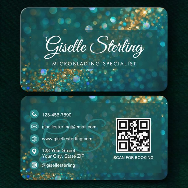 Cartão De Visita QR Code Microblading Teal Gold Glitter  (Criador carregado)