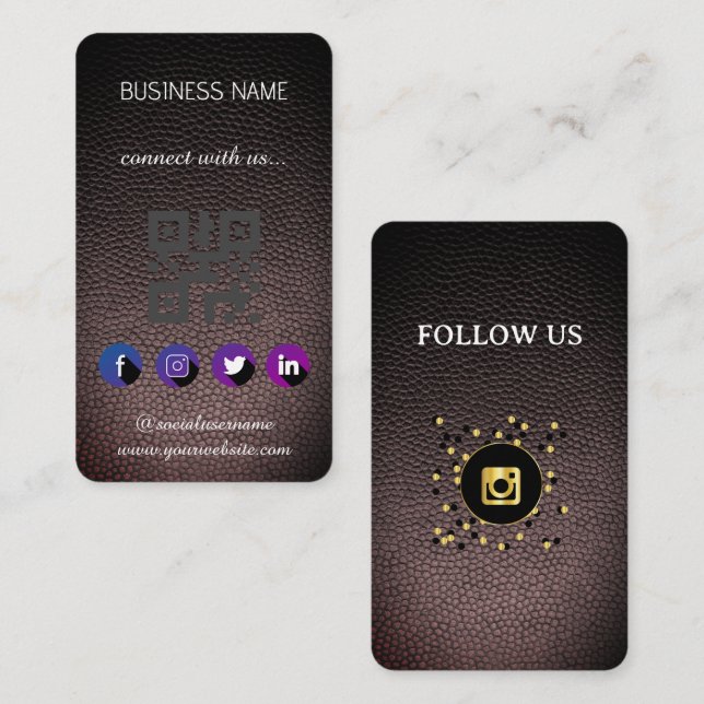 Cartão de Visita QR Code Mídia Social - Couro Pret (Frente/Verso)