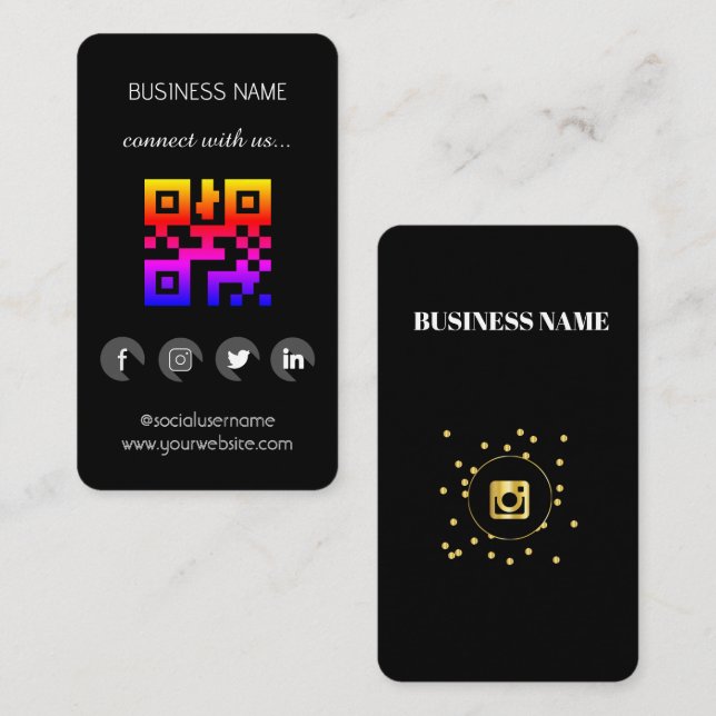 Cartão de Visita QR Code Mídia Social Preto (Frente/Verso)