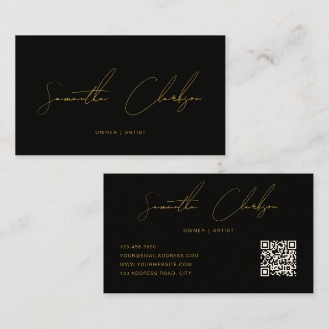 Cartão De Visita QR Code Modern Black & Gold Handwritten Script (Frente/Verso)