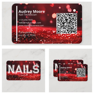 Cartão De Visita QR Code Modern Red Glitter Professional Nail Tech