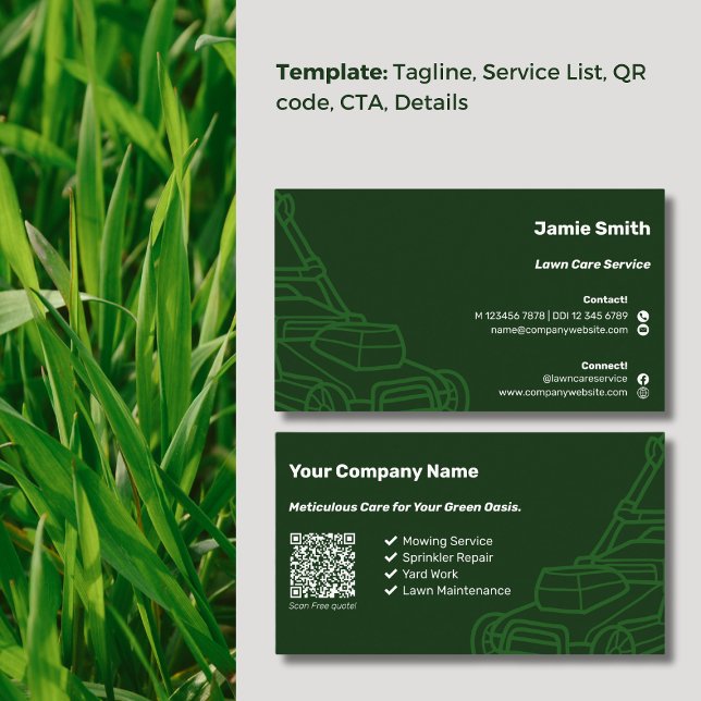 Cartão De Visita QR Code Mower Outline Custom Dark Green Lawn Care (QR Code Mower Outline Custom Dark Green Lawn Care Business Card, Service List, Icons)