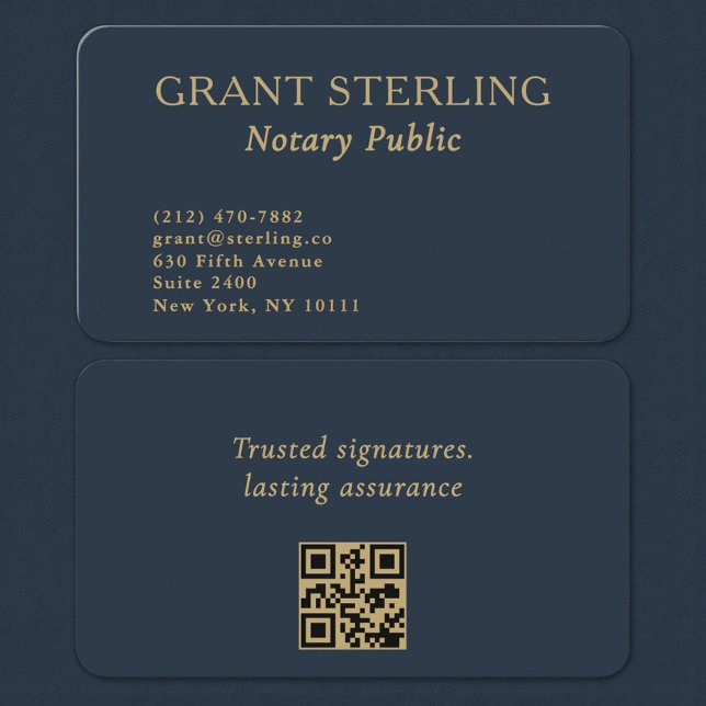 Cartão De Visita QR Code Notary Public Navy Blue Gold (Criador carregado)