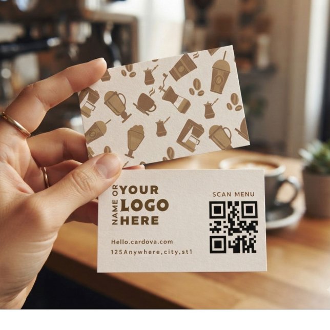 Cartão de Visita QR Code para Cafeteria Moderna (Criador carregado)