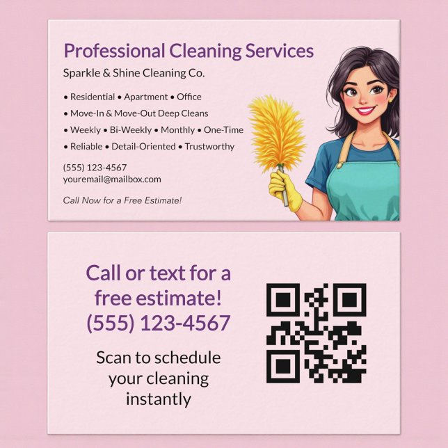 Cartão De Visita QR Code Pink Maid House Cleaning Service (Criador carregado)