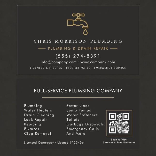 Cartão De Visita QR Code Plumbing  Service Black & Gold  (Criador carregado)