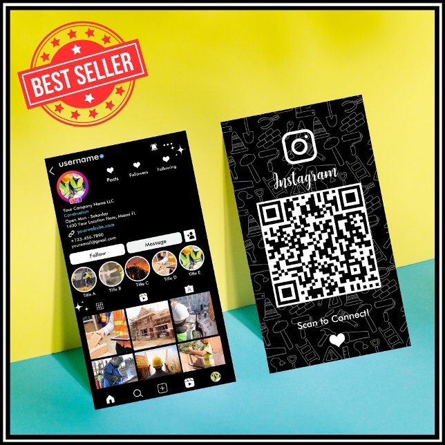 Cartão de Visita QR Code Preto Instagram Construçã (Criador carregado)