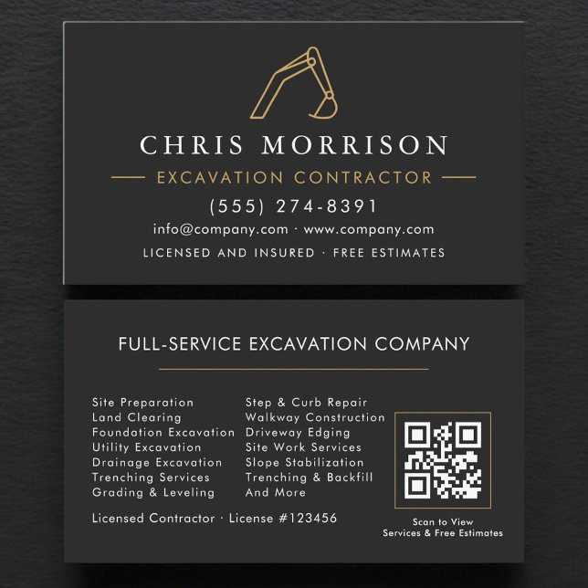 Cartão De Visita QR Code Professional Excavation Services  (Criador carregado)