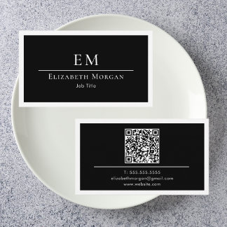 Cartão De Visita QR Code Professional Minimal Monogram Black White