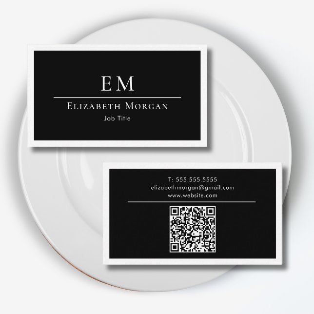 Cartão De Visita QR Code Professional Monogram Logo Black White (Criador carregado)