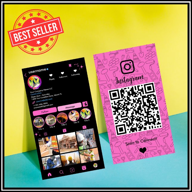 Cartão de Visita QR Code Rosa Instagram Construção (Criador carregado)