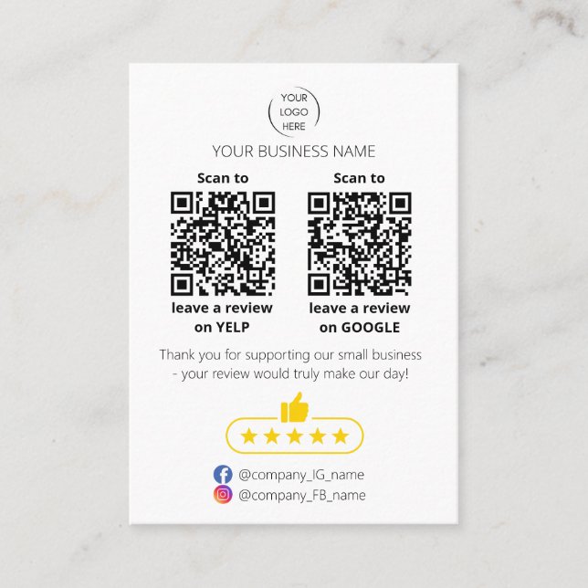 Cartão De Visita QR code small business review GOOGLE and YELP  (Frente)